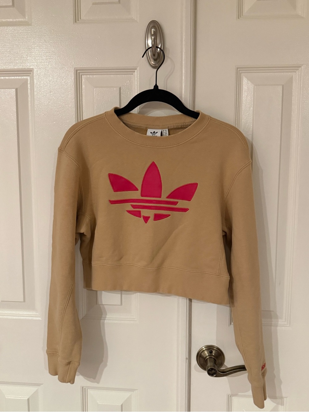 Adidas Originals Cropped Sweatshirt Tan w/ Embroidered Pink Trefoil Logo XS